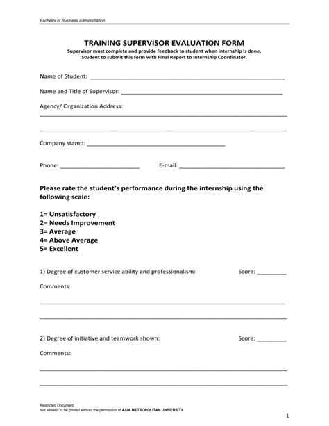 Evaluation Form By Supervisor