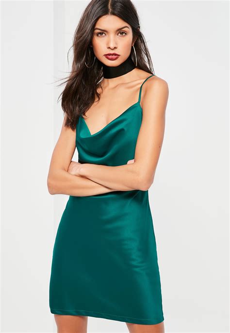 Lyst Missguided Teal Satin Cowl Front Shift Dress In Blue