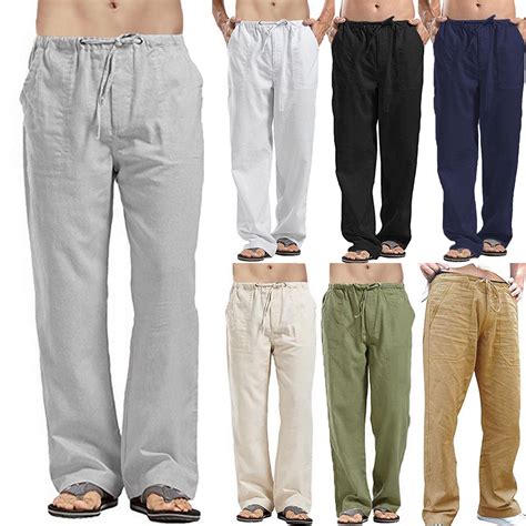 Mens Linen Trousers Loose Casual Elastic Drawstring Casual Solid Beach
