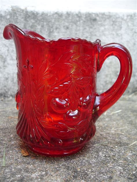 Vintage Red Glass Pitcher With Cherries