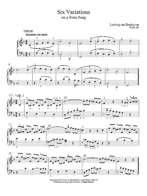 Six Variations On A Swiss Song In F Major Woo 64 Sheet Music Direct