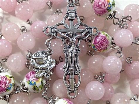 Large Rosary Rose Quartz Rose Porcelain Beads Rose Our Lady Of