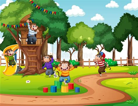 Playground Scene With Many Little Monkeys Cartoon Character Stock