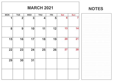 Pick one style you want then print a calendar for february. Free Calendar 2021 March Printable Notes Template - One ...