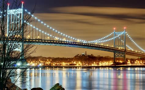 Wallpaper Usa City New York Bridge Lights Night 1680x1050