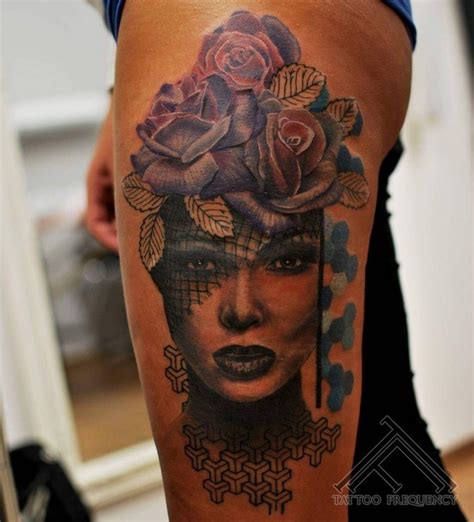 Modern Traditional Style Colored Thigh Tattoo Of Woman Face With Flowers Tattooimagesbiz