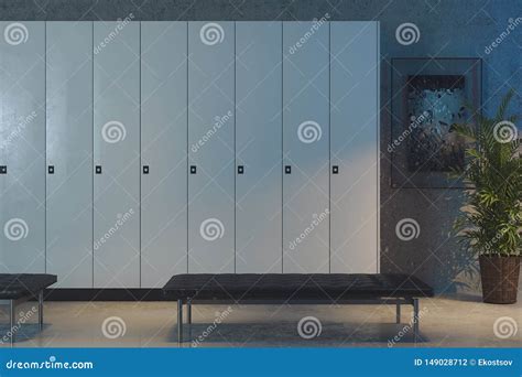 White Lockers With Switched On Light In Locker Room In Gym 3d