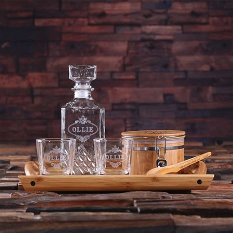 Whiskey Decanter Set With Glasses Wood Tray And Ice Bucket Etsy