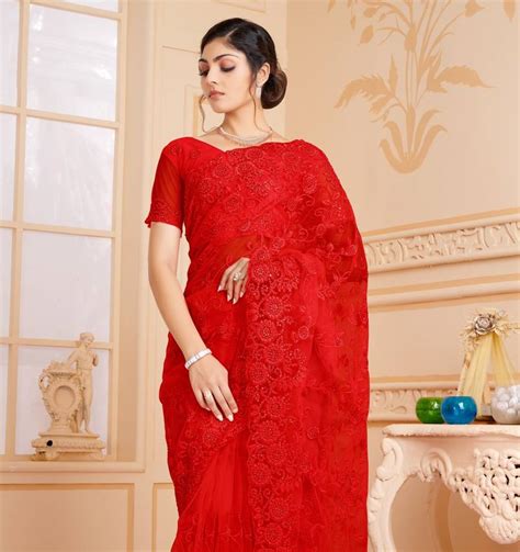 Red Embroidered Net Saree With Blouse Samvegi Creation 4007242