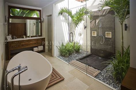 Beautiful Light Bright Balinese Bathroom Slate Pebbles And Darkwood