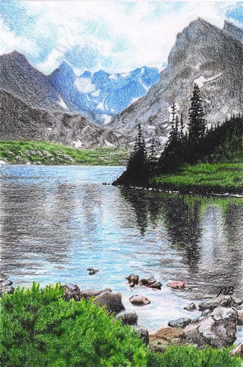 Mountain Lake Drawing Mountain Lake Fine Art Print Landscape Drawings Pencil Colour