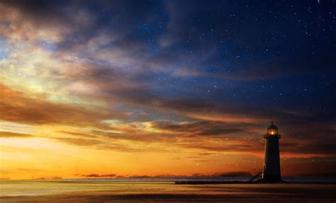 The Sky Sunset Lighthouse Sea Stars Art Wallpapers Hd Desktop