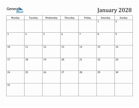 January 2028 Monday Start Calendar Pdf Excel Word
