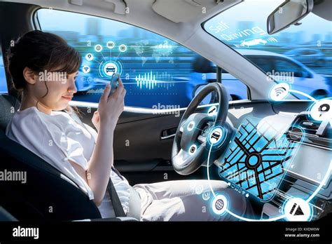 Woman Using Smart Phone In Autonomous Car Self Driving Vehicle Driverless Car Autopilot