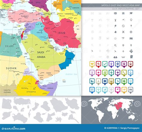 Political Map Of Middle East And Asia With A Square Flat Icon Set Stock