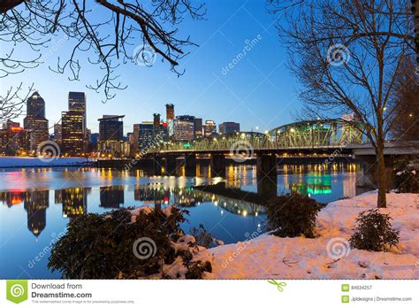 Portland Downtown Winter Night Scene Stock Image Image