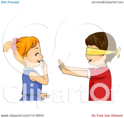 Clipart Of A Blindfolded Boy Reaching Out To A Giggling Girl Royalty