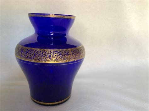 Cobalt Blue Glass Vase With Gold Decoration Made In Germany For Sale At
