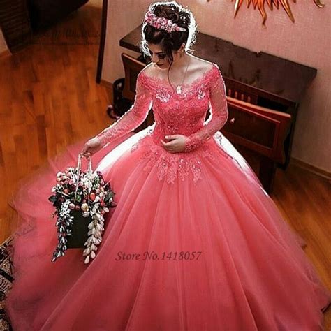 Coral Hot Pink Wedding Dress Long Sleeve Lace Wedding Gowns Vestido De