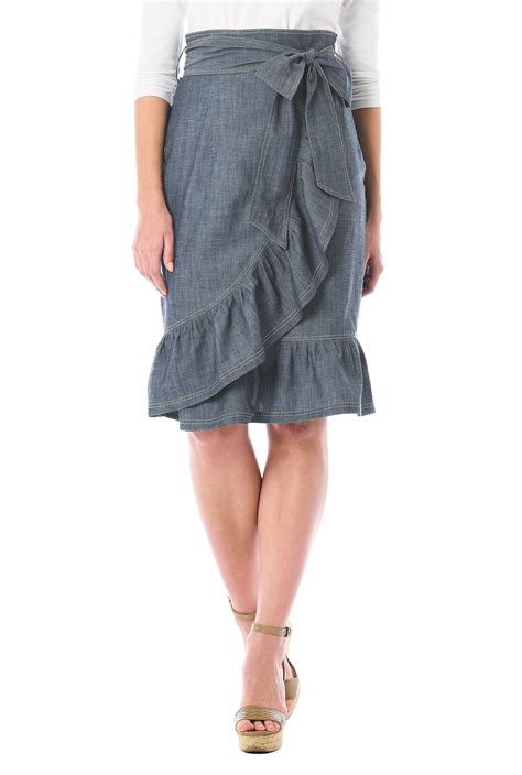 Banded Waist Skirts Cotton Chambray Skirts Knee Length Skirts