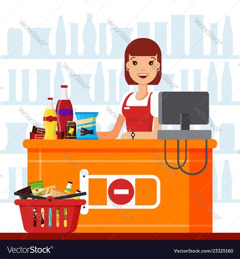 Woman Cashier In Supermarket With Snack Products Vector Image
