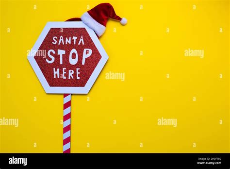 Realistic Wooden Christmas Red Stop Sign With Text Santa Stop Here