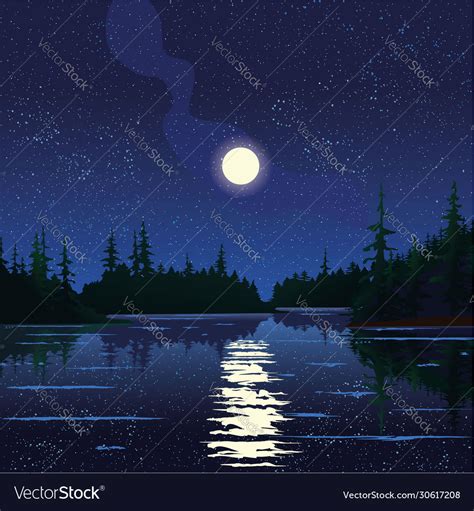 Night Summer Lake Landscape Moon Stars Sky Vector Image