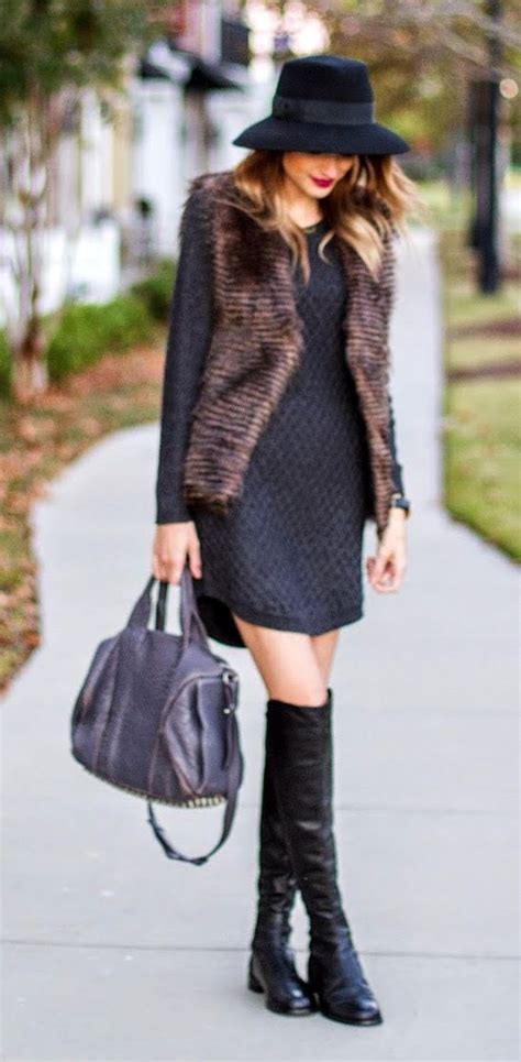 Black Sweater Dress Knee High Boots Black Hat Faux Fur Vest