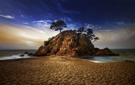 Nature Photography Landscape Sand Beach Rocks Sea Clouds Trees Sunset Spain Wallpapers