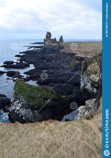 Stunning Scenic Views Of Londrangar Rock Formation In Iceland Stock