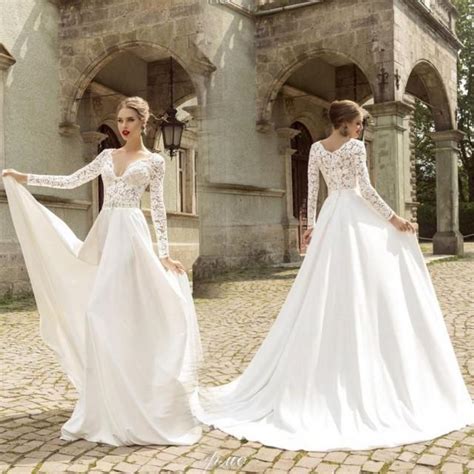Free worldwide shipping on orders over 149 usd. Romantic White Wedding Dresses 2015 Long Sleeve Lace Satin ...