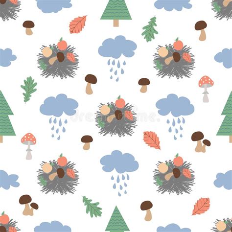 Cute Seamless Pattern With Hedgehog Mushrooms And Trees Hand Drawn