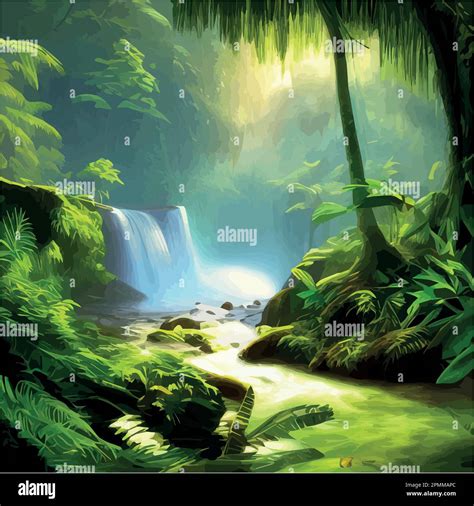 Tropical Botanical Landscape Vector Illustration With Waterfalls And