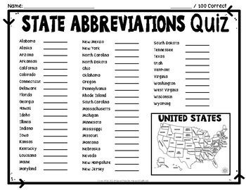 If you are signed in, your score will be saved and you can keep track of your progress. State Abbreviations: Maps, Worksheet & Quiz (Test) with 2 Difficulty Options