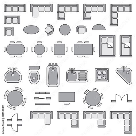 Standard Furniture Symbols Used In Architecture Plans Icons Set