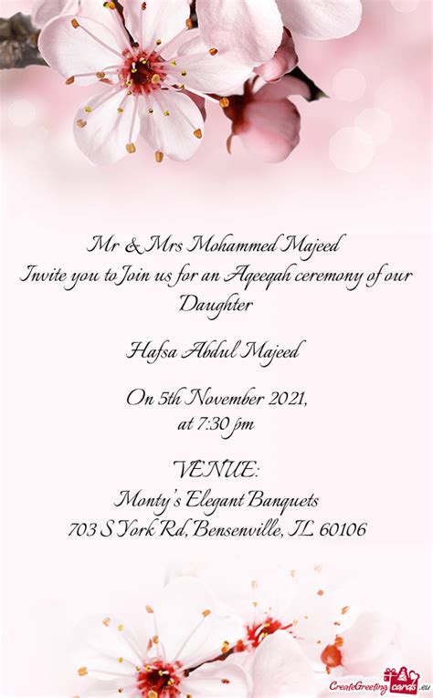 Invite You To Join Us For An Aqeeqah Ceremony Of Our Daughter Free Cards