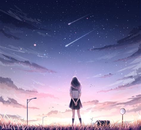 A Girl Is Standing In The Grass Looking Up At The Sky With Stars Above Her