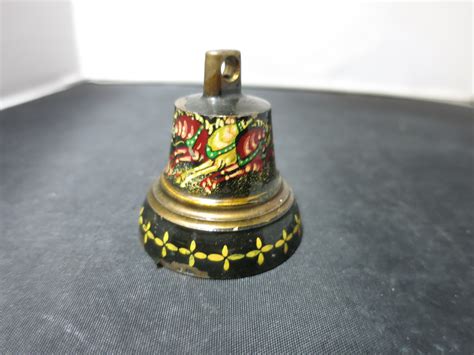 Antique Small Cast Brass Bell Black Lacquer Painted Santa Sleigh