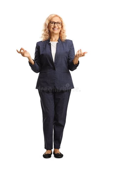 Full Length Portrait Of A Woman Explaining Something With Hands Stock