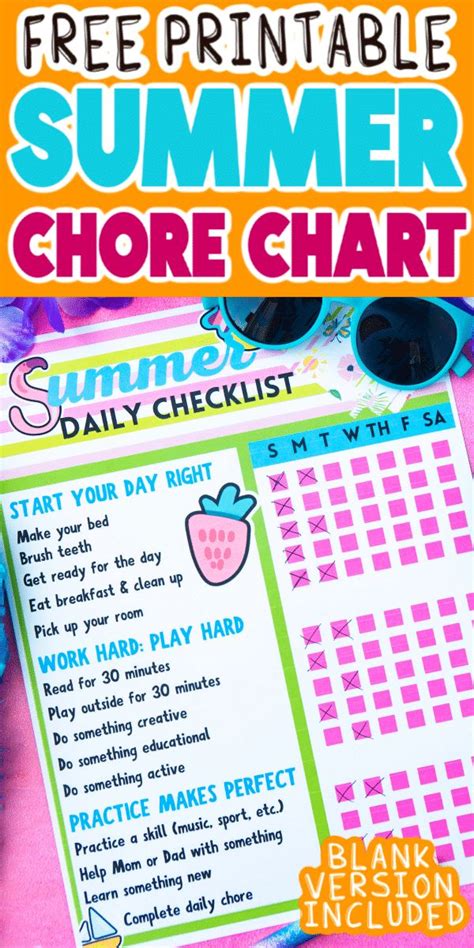 Free Printable Summer Chore Charts Chore Chart Chore Chart Kids