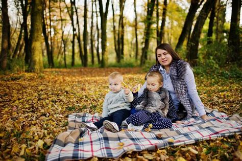 happy mom with son and daughter sitting on plaid at majestic autumn fall forest stock image