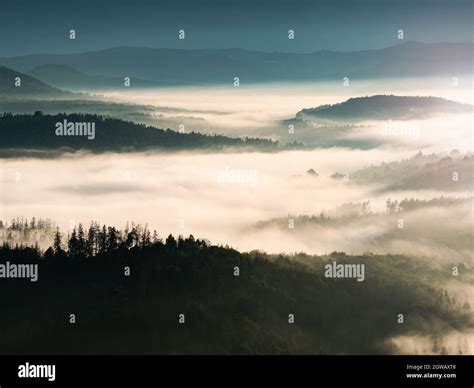 Fog Flowing Over Forest Mountains Misty Mountain Landscape Hills After