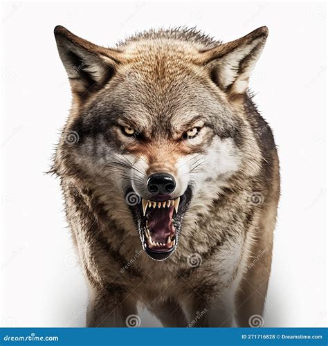 Angry Scary Wolf Bared His Fangs Close Up Portrait Isolated On White