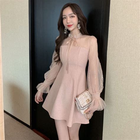 Korean Chic Sweet Style Womens Clothing Mesh Patchwork Pink A Line