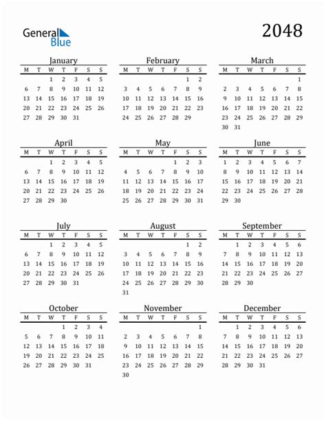2048 Calendar With Monday Start