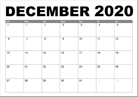 December 2020 Calendar Printable Free Excel Calendar