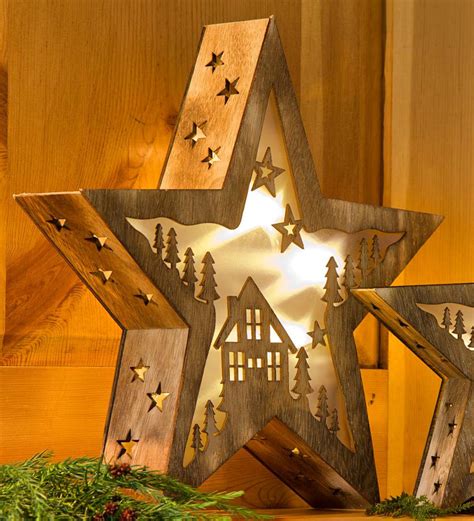 Large Lighted Wooden Star With Cabin Design 15h Plowhearth
