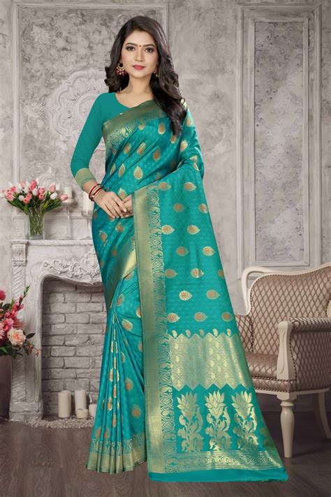 light turquoise woven kanchipuram silk saree with blouse sharaa ethnica 3072851
