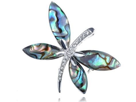 Vintage Crystal Rhinestone Sea Abalone Shell Dragonfly Pin Brooch