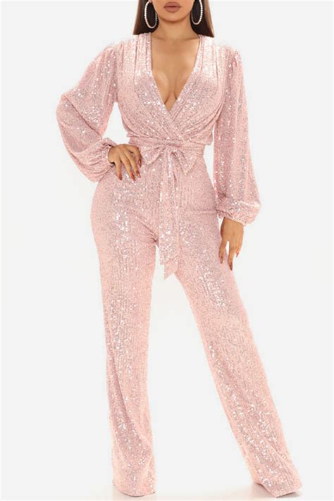 Pink Sexy Solid Patchwork With Belt V Neck Straight Jumpsuitsjumpsuits Knowfashionstyle